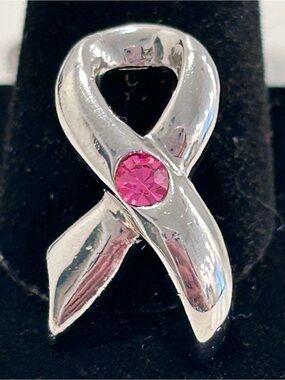 Breast Cancer Awareness Lapel Pin Pink Ribbon Silvertone Pink Crystal October